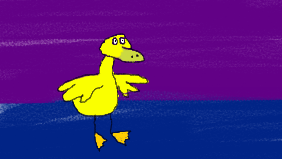 A badly drawn duck on a blue and purple background