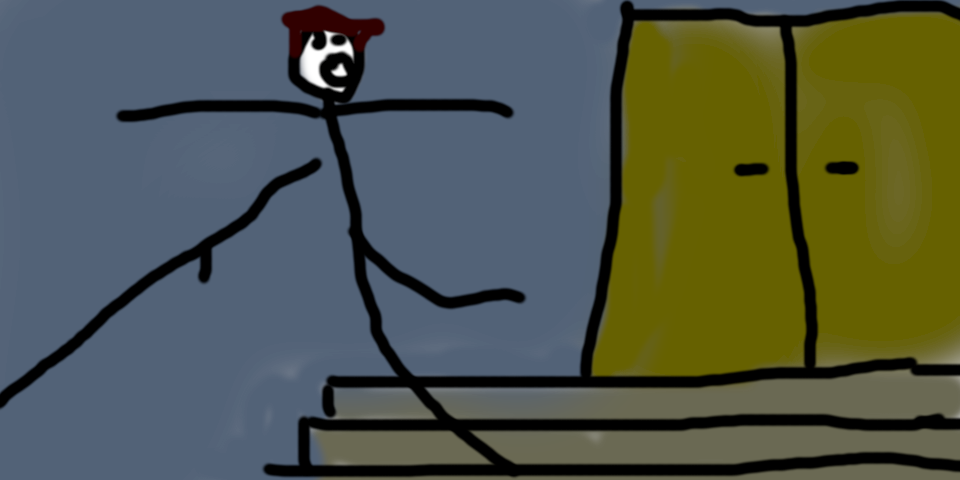 A drawing of a stickman falling down some stairs
